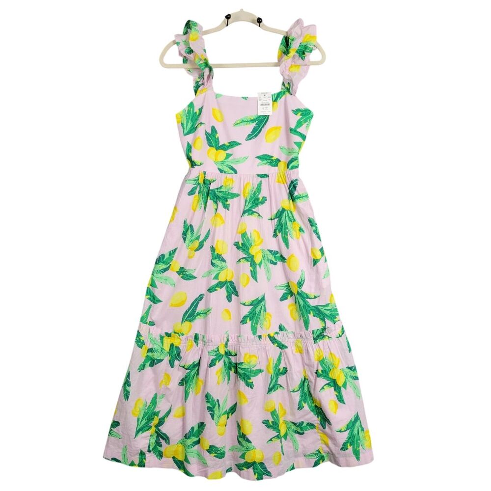 NWT J CREW BK520 Pink Lemon Tiered Squareneck Midi Dress Smocked Cotton SIZE 0 - Picture 2 of 15